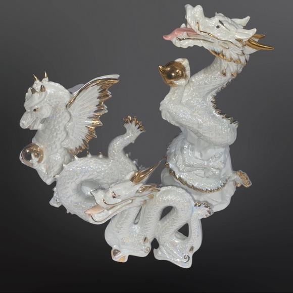 Vintage Intricate Carved Glossy White with Gold Trim Japanese Dragon Figurine - Picture 4 of 8